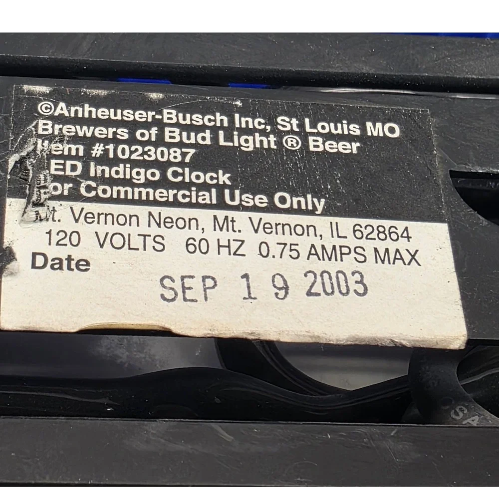 Bud Light LED Indigo Clock Beer Sign Anheuser Busch 2003 Mt Vernon Neon 1023087